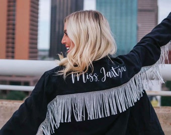 Rhinestone Fringe Black Denim Jacket