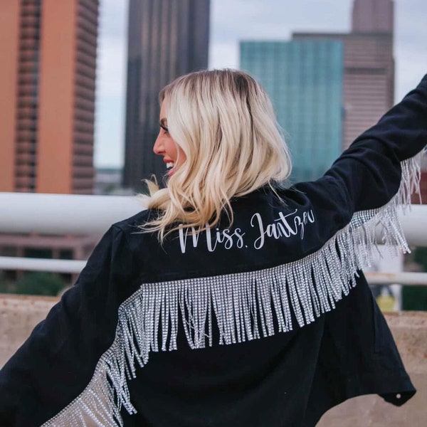 Rhinestone Fringe Black Denim Jacket