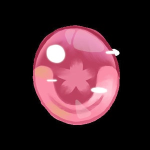 Puede incluir: Dos ojos redondos de dibujos animados de color rosa con pupilas blancas y un diseño de flor rosa dentro de cada ojo.