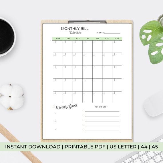 Monthly Bill Calendar Printable Calendar Printable | Etsy