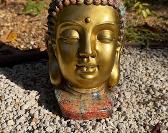 Chinese Wood Carved Buddha Tathagata Head Statue Gold and Color 10inch Tall