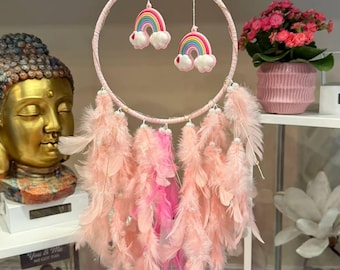 Handmade Pale Pink Feather Rainbow Dreamcatcher Wall Hanging Art Decor (6" Ring)