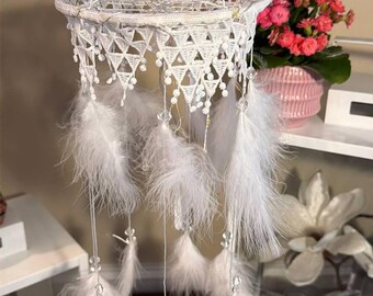 White Feather Dream Catcher Dreamcatcher Chandelier Lamp, Feathers, Beads, Fairy Lights Wall Hanging Decor, Girl Nursery Christmas Gift