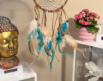 Teal Blue Brown Feather Dream Catcher Dreamcatcher w Lights Beaded Native American Unique Wall Art Decoration Boy Unisex Nursery Zen Decor