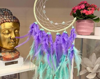 Purple Mint Crescent Moon Dream Catcher Teal Feather Dreamcatcher Beaded Unique Wall Art Decoration Girl Boy Nursery Zen Boho Hippie Chic