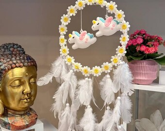 Lace Daisy Unicorn Dream Catcher Feather Dreamcatcher Beaded White Yellow Flower Fairy Lights Unique Girl Nursery Mobile Boho Decor