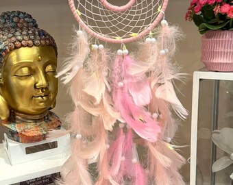Pale Pink Dolphin Dreamcatcher with Fairy Lights, Beaded Feather Wall Art Decoration