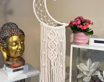Clear and Rose Quartz Point Moon Phase Dreamcatcher Macrame Wall Hanging – Nursery Decor