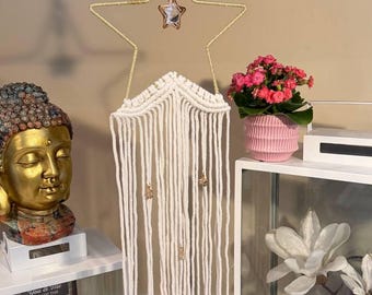 Handmade Star Macrame Tapestry with Amethyst Crystal, Glitter Gold Yarn Wall Art