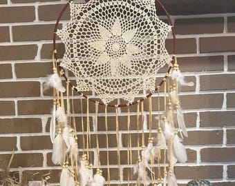 Large Boho Dreamcatcher with Gold Dipped Feathers, Rustic Wedding Wall Hanging