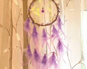 Lavender Dream Catcher Purple Dreamcatcher w Fairy Lights Beaded Feather Ribbon Unique Wall Art Decoration Girl Nursery Zen Boho Decor