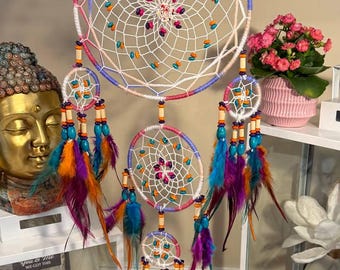 Handmade Rainbow Feather Dreamcatcher with Rose Accent – Boho Nursery Wall Art