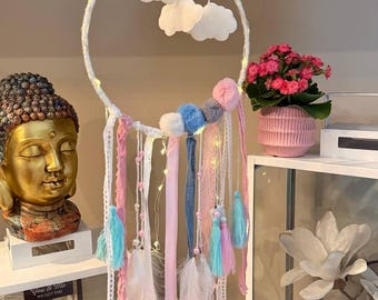 Lavender Teal Moon Dreamcatcher with Pom Poms and Feathers – Nursery Decor