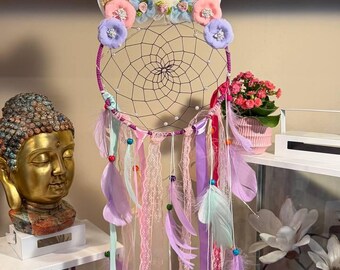 Pink Unicorn Floral Feather Beaded Dream Catcher Fairy Lights Unique Wall Art Girls Kids Room Large Lavender Teal Mint Dreamcatcher Nursery