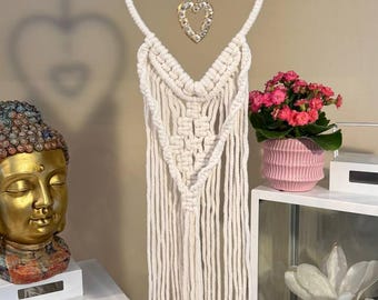 Handmade Heart Macrame Tapestry with Amethyst Crystal Beads – Nursery Wall Art