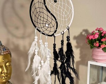 Black White Ying Yang Dream Catcher Feather Beaded Dreamcatcher Unique Wall Hanging Decoration Unisex Nursery Zen Decor House Christmas Gift