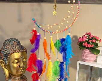 Rainbow Feather Moon Dreamcatcher: Boho Wall Art Decor (7.87" Ring, 34" Length)