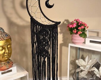 Half Moon Dream Catcher Black Macrame Dreamcatcher Unique Wall Hanging Art Decoration Girl Nursery Boho Decor Birthday Gift