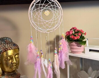Pale Pink Dream Catcher Unicorn Dreamcatcher Planet Charm Beaded Feather Unique Wall Art Decoration Girl Nursery Kids Room Decor