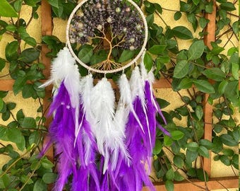 Copper Tree of Life Dreamcatcher, Dark Purple Feather Wall Hanging (23.5" Total Length)