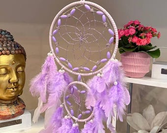 Handmade Lavender Feather Dreamcatcher Wall Art – Boho Pearl Beads Decoration