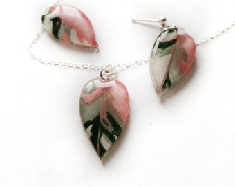 Tricolour White Princess Philodendron Variegated Leaf Mismatch Pink White Green Mini Earrings