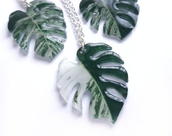 Variegated Monstera deliciosa albo leaf mismatched dangle pendant necklace silver or gold chain