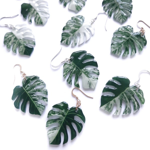 Variegated Monstera deliciosa albo leaf mismatched dangle earrings