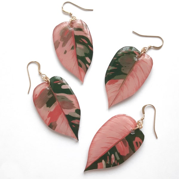 Pink Princess Philodendron Leaf Dangle Mismatched Earrings