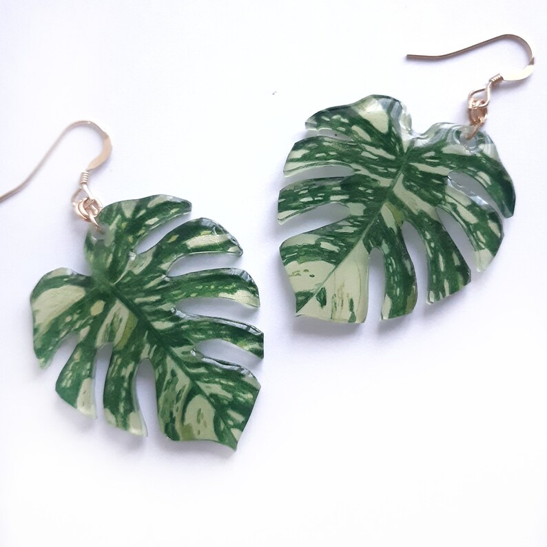 Thai Constellation Variegated Monstera deliciosa leaf mismatched dangle earrings image 1
