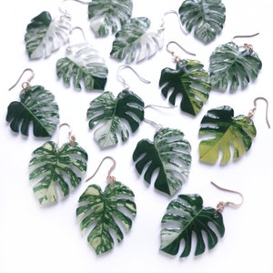 Thai Constellation Variegated Monstera deliciosa leaf mismatched dangle earrings image 2