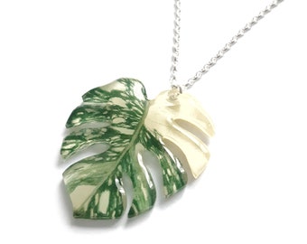 Variegated Monstera Thai Constellation leaf mismatched pendant necklace gold or silver chain