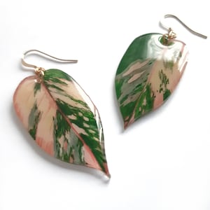 Strawberry Shake Philodendron Leaf Dangle Mismatched Earrings