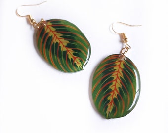 Maranta leuconeura leaf handpainted houseplant dangle earrings