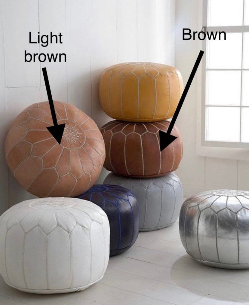 Moroccan POUF with White Stitching Leather ,Pouf Ottoman .Pouf Morroc…