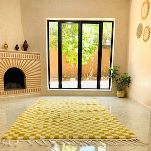 Handwoven Wool Checkered Rug: Light Green Moroccan Berber Rug