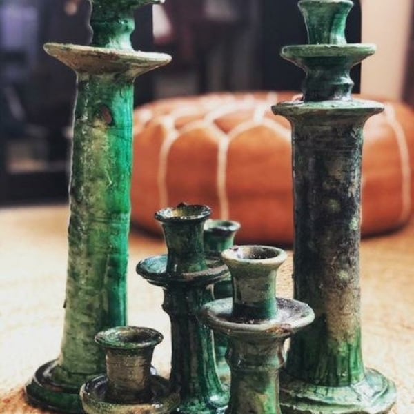 green tamegroute pottery, moroccan handmade bougeoir, moroccan ceramic candleholder, tamegroute candleholder, ceramic candlestick