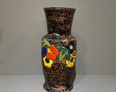 Vintage Art Deco ,Amphora Czechoslovakia Pottery Vase, Carved Incised Relief Enamel, Bright Floral Design