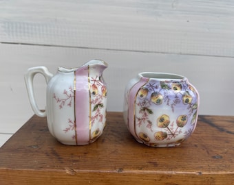 Antique, Edwardian porcelain Sugar Bowl & Cream Jug , Pink Floral Design