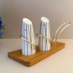 Vintage 1960s Kirkham Pottery Atomic Salt & Pepper Cruet Set with Wyncraft stand