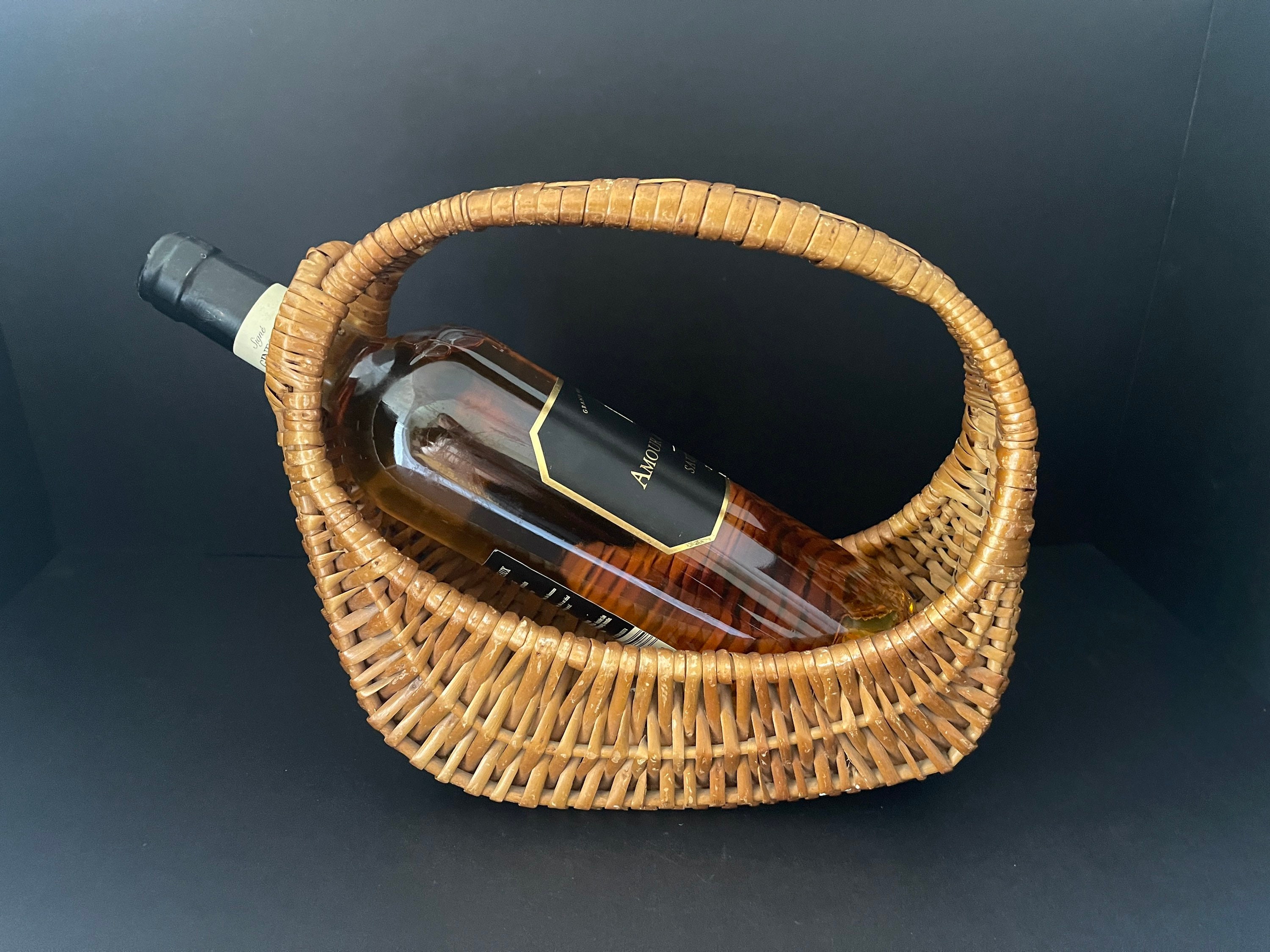 Vintage French Rattan Wicker Wine Bottle Carrier Caddy Basket