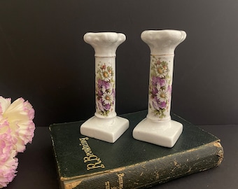 Pair of Antique Pottery Candlesticks- Floral Daisy Design