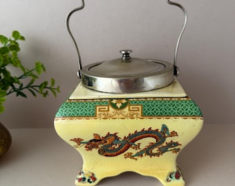 Vintage Biscuit Jar with Oriental Dragon Design