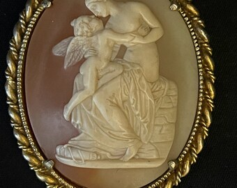 Large Vintage Cameo Brooch, Venus and Cupid, Faux Shell