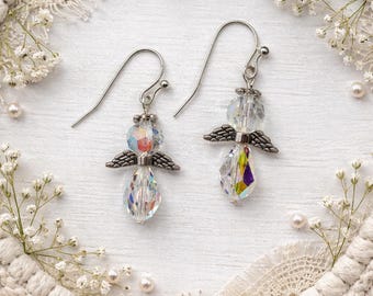 Crystal Angel Earrings: Sterling Silver Plated, First Communion Gift