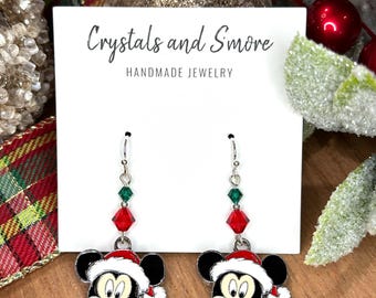 Mickey Mouse Christmas Dangle Earrings: Red & Green Holiday Jewelry