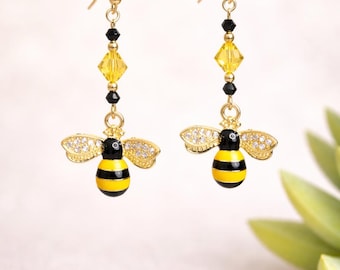 Bee Earrings: Crystal Bumblebee Dangle Earrings, Gold Plated Hooks