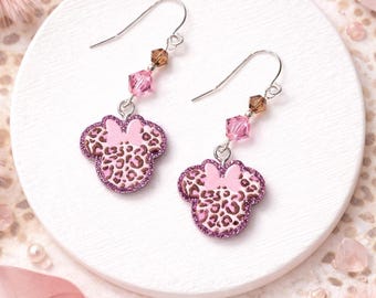 Glitter Leopard Mouse Earrings: Swarovski Crystal, Sterling Silver Plated