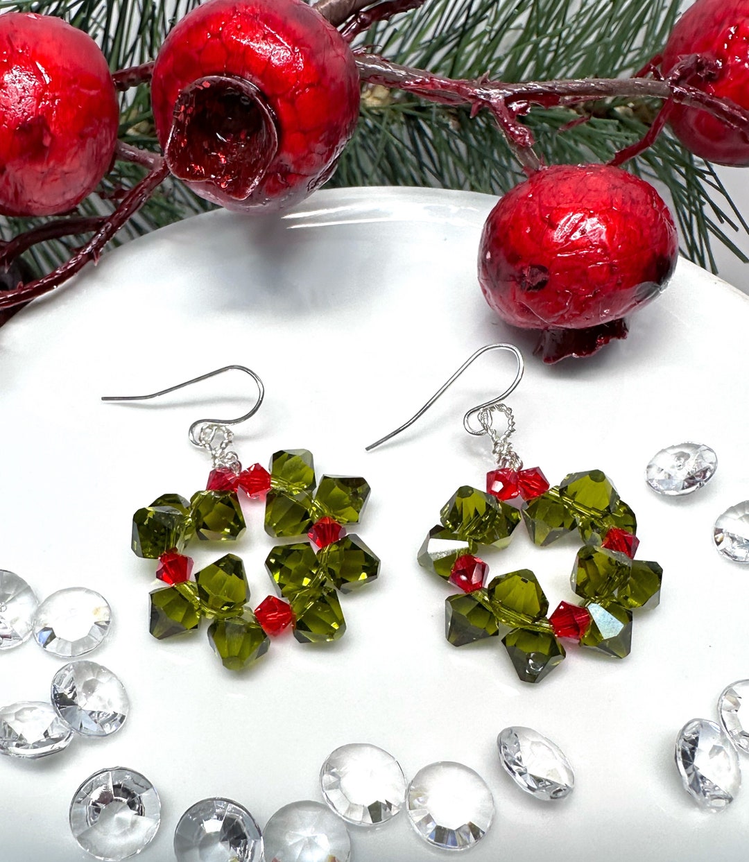 Swarovski Christmas Wreath Earrings: Sterling Silver Plated Holiday Jewelry