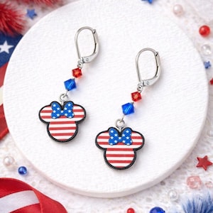 Minnie Mouse 4th of July Earrings: Red, White & Blue Dangle Earrings R,W,B-Lever Back